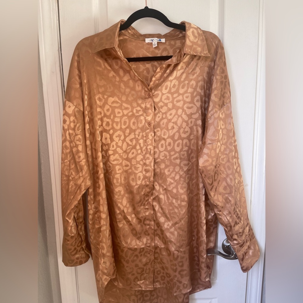12th Tribe Satin Leopard Print Button-Up Blouse in Camel
